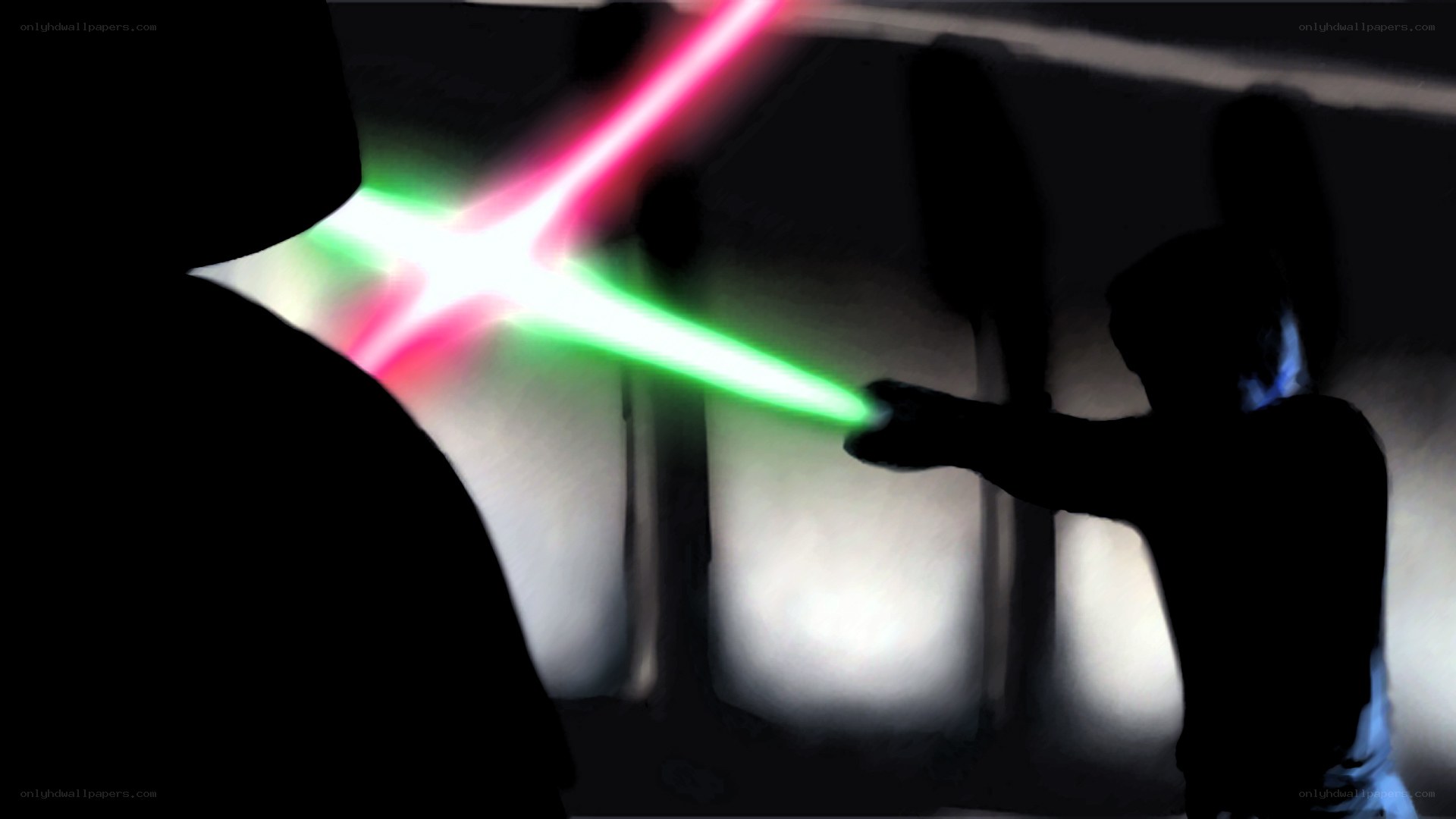 Lightsaber duel in silhouette