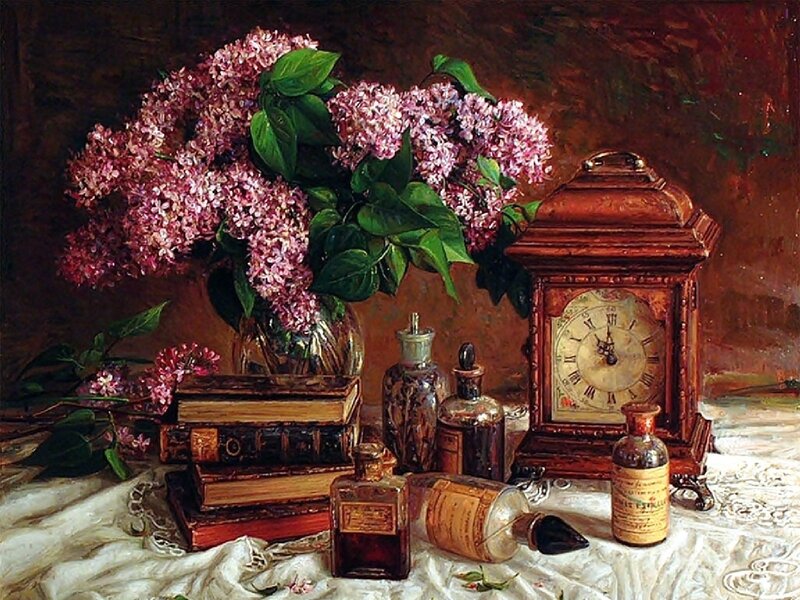 Lilac Bouquet and Clock
