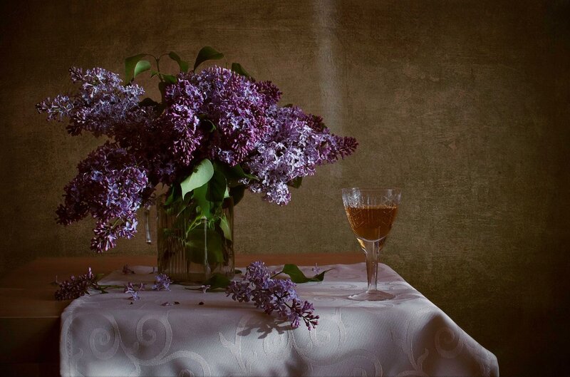 Lilac Bouquet and Wine Glass