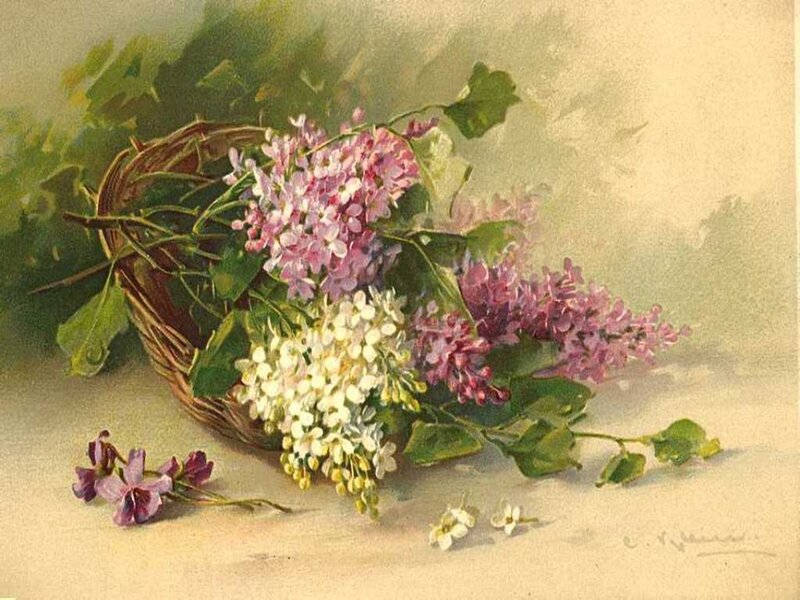 Lilac bouquet in a basket
