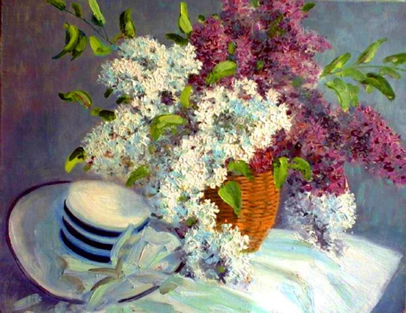 Lilac Bouquet in Basket — Purple, Calm