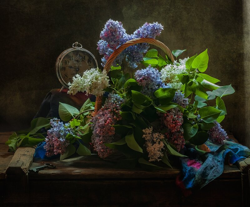 Lilac Bouquet in Basket — Purple, Dramatic
