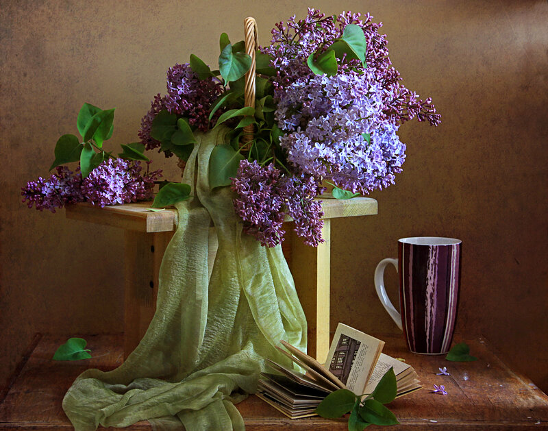 Lilac Bouquet in Basket — Purple, Serene, Photograph, Book