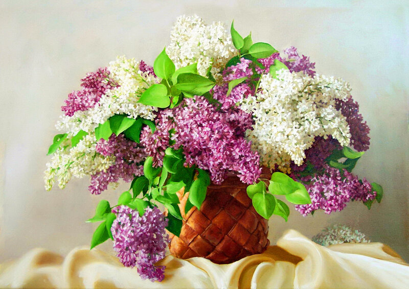 Lilac Bouquet in Basket — Purple, Serene, Spring, Painting, Silk Cloth
