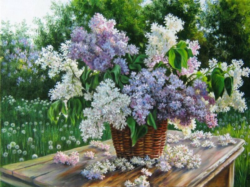 Lilac Bouquet in Basket — Purple, Serene, Spring, Painting, Table, Dandelions