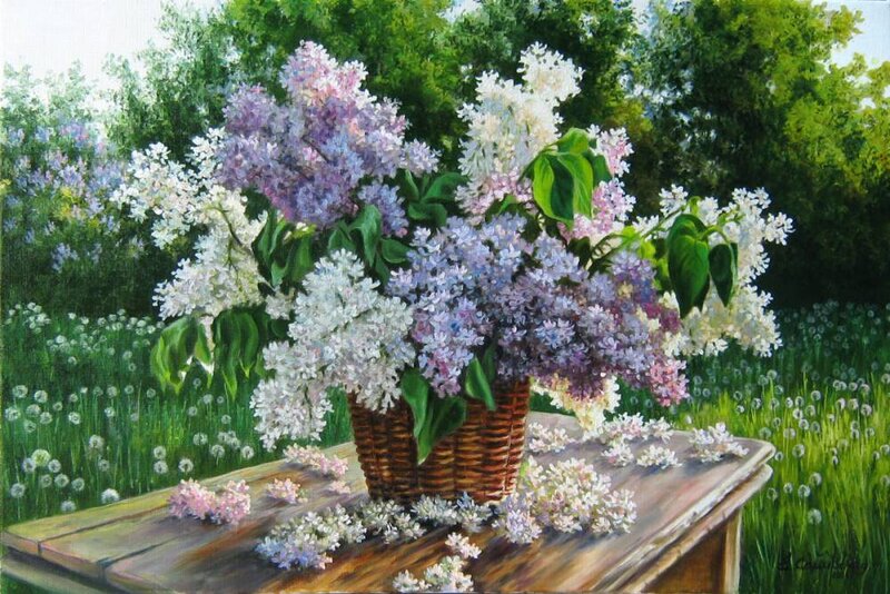 Lilac Bouquet in Basket — Purple, Serene, Spring, Painting