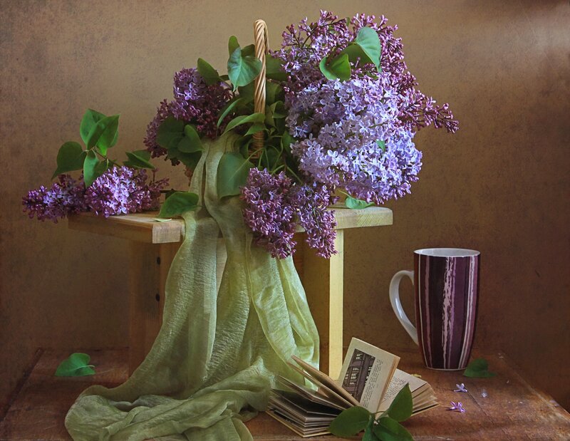 Lilac Bouquet in Basket — Purple, Serene, Spring, Photograph, Book