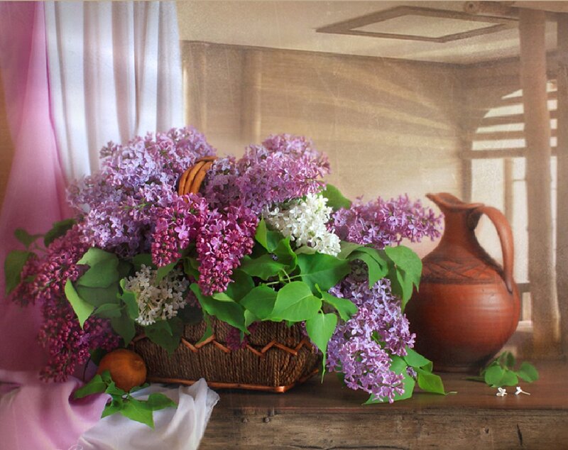 Lilac Bouquet in Basket — Purple, Serene, Spring, Photograph, Pitcher