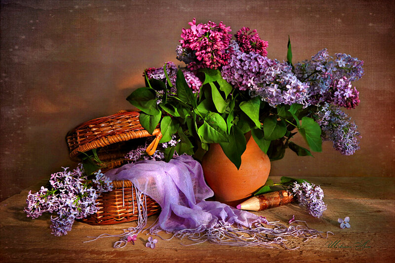 Lilac Bouquet in Basket — Purple, Serene, Spring, Photograph, Vase