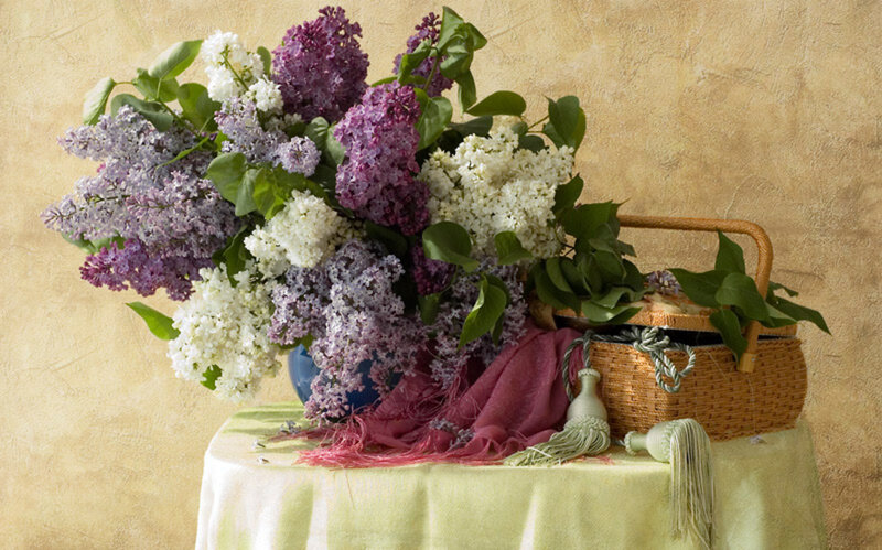 Lilac Bouquet in Basket — Purple, Serene, Spring