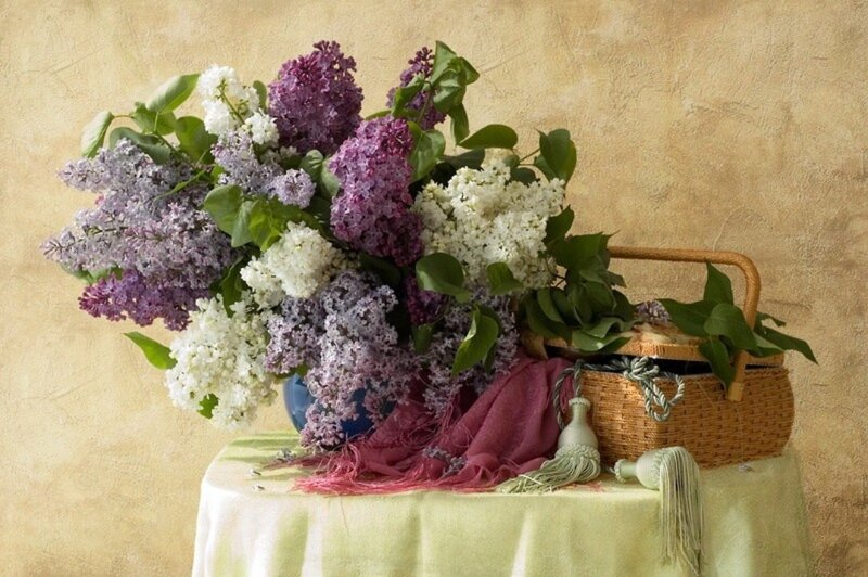 Lilac Bouquet in Basket — Purple, Serene