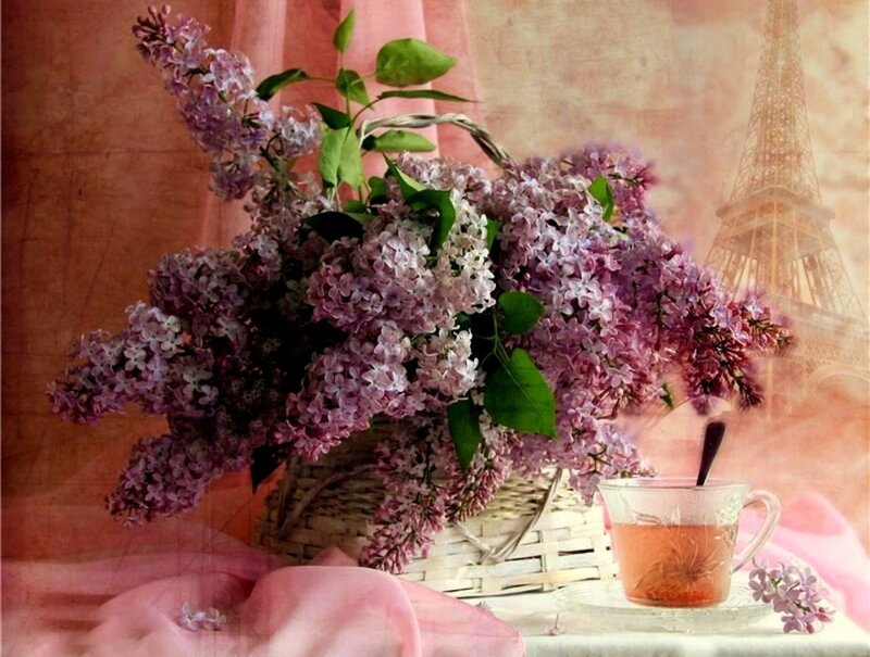 Lilac Bouquet in Basket — Purple