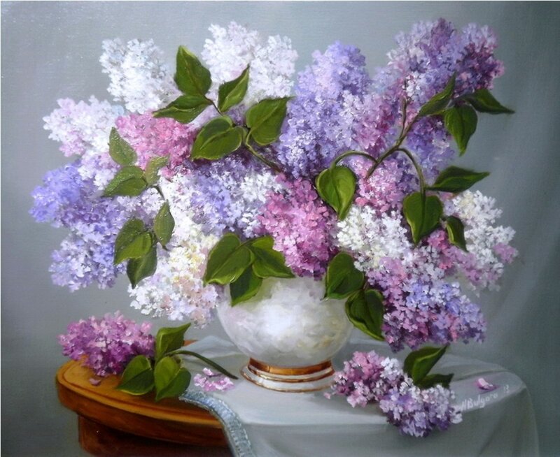 Lilac Bouquet in Vase — Purple, Calm, Painting, Table