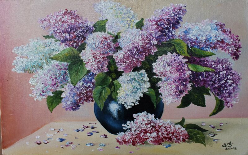 Lilac Bouquet in Vase — Purple, Calm, Painting