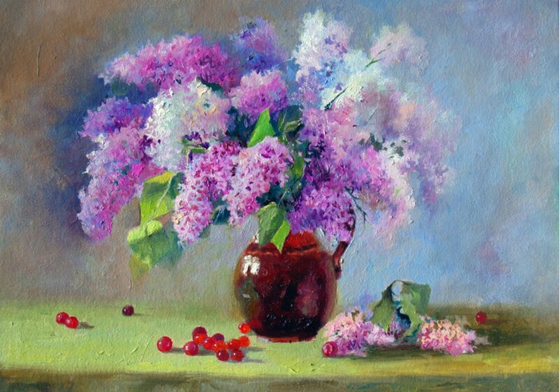 Lilac Bouquet in Vase — Purple, Calm, Spring, Painting