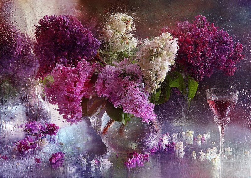 Lilac Bouquet in Vase — Purple, Dramatic, Digital Art