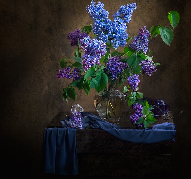 Lilac Bouquet in Vase — Purple, Dramatic, Photograph, Cloth, Bottle