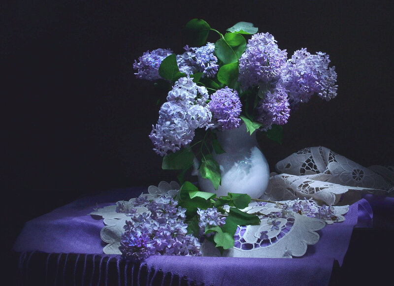 Lilac Bouquet in Vase — Purple, Dramatic, Photograph, Lace Doily