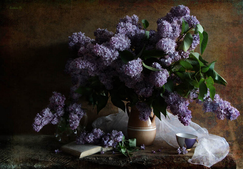Lilac Bouquet in Vase — Purple, Dramatic, Photograph