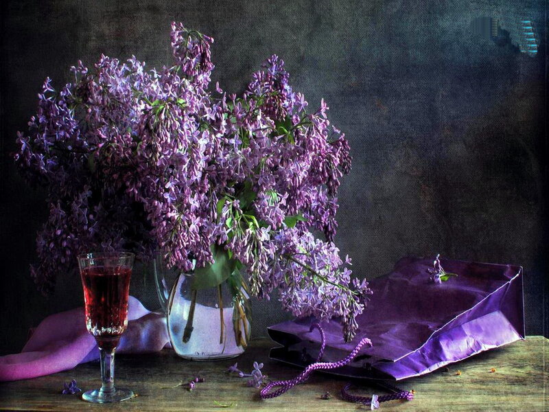 Lilac Bouquet in Vase — Purple, Dramatic, Photograph, Wine Glass