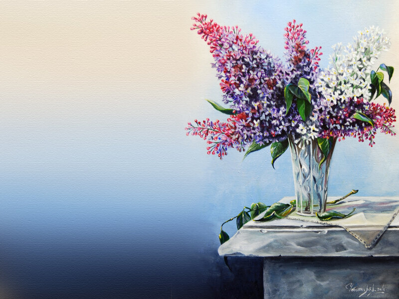 Lilac Bouquet in Vase — Purple, Serene, Painting, Table