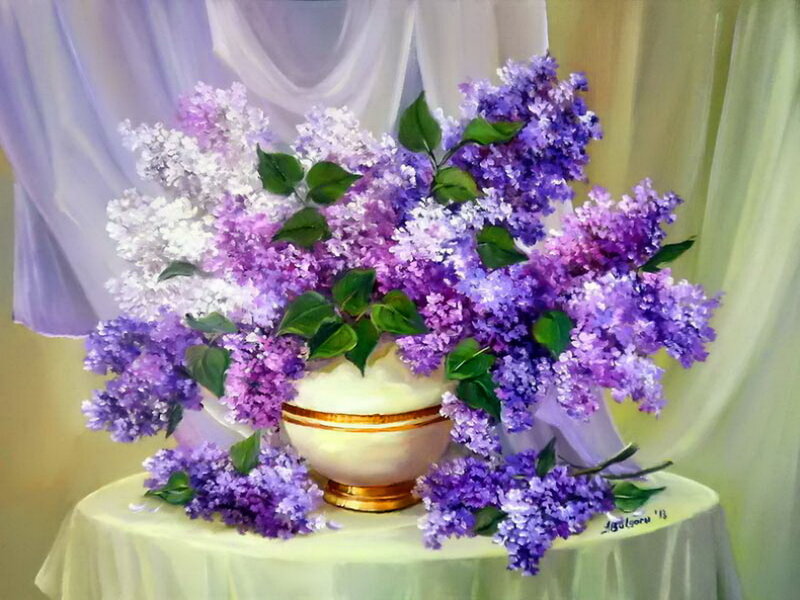 Lilac Bouquet in Vase — Purple, Serene, Painting, Tablecloth