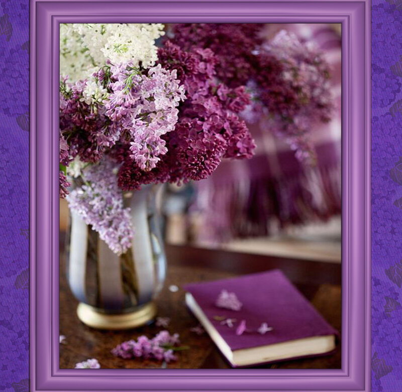 Lilac Bouquet in Vase — Purple, Serene, Photograph, Book, Table