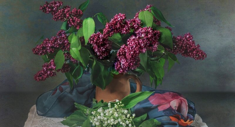 Lilac Bouquet in Vase — Purple, Serene, Spring, Painting, Fabric