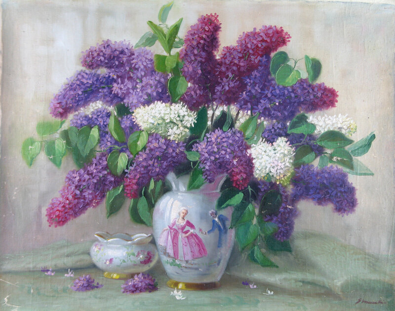 Lilac Bouquet in Vase — Purple, Serene, Spring, Painting, Flowers, Leaves