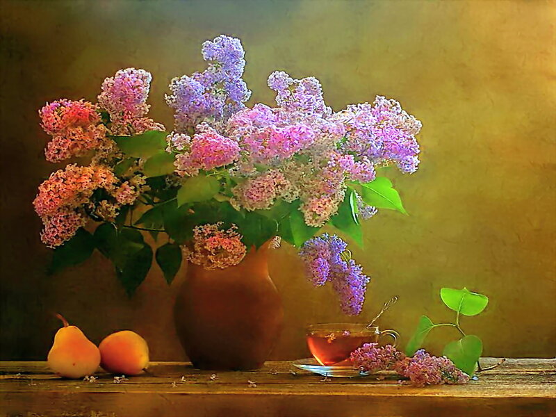 Lilac Bouquet in Vase — Purple, Serene, Spring, Painting, Pears