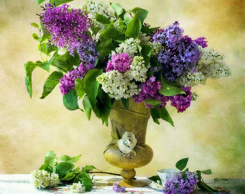 Lilac Bouquet in Vase — Purple, Serene, Spring, Painting, Tablecloth