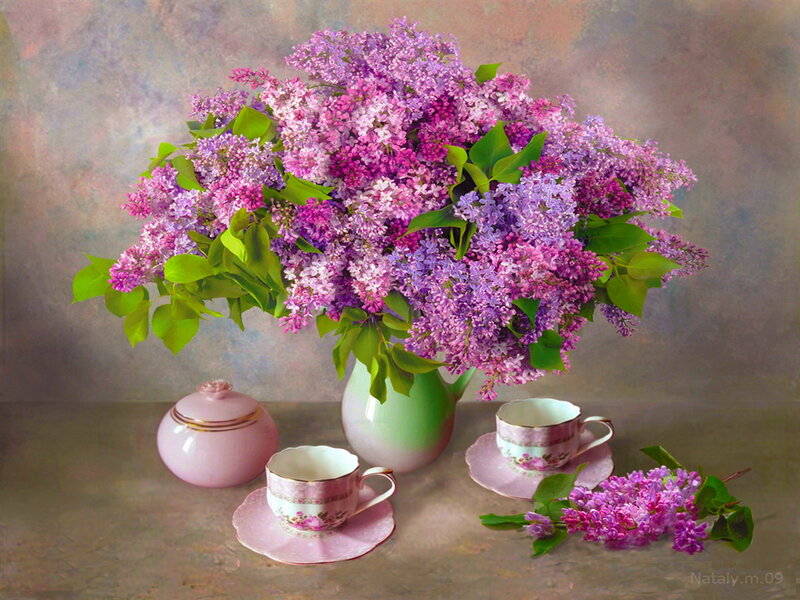 Lilac Bouquet in Vase — Purple, Serene, Spring, Painting, Teacups