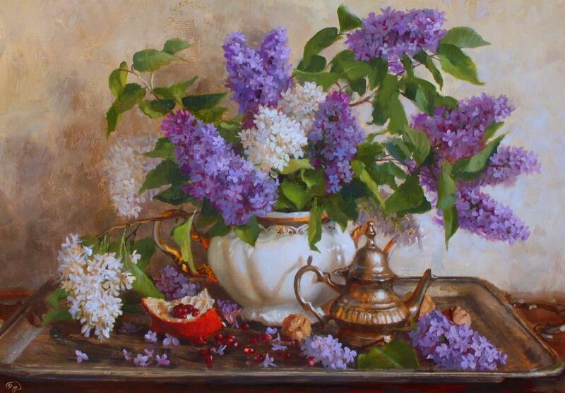 Lilac Bouquet in Vase — Purple, Serene, Spring, Painting, Teapot