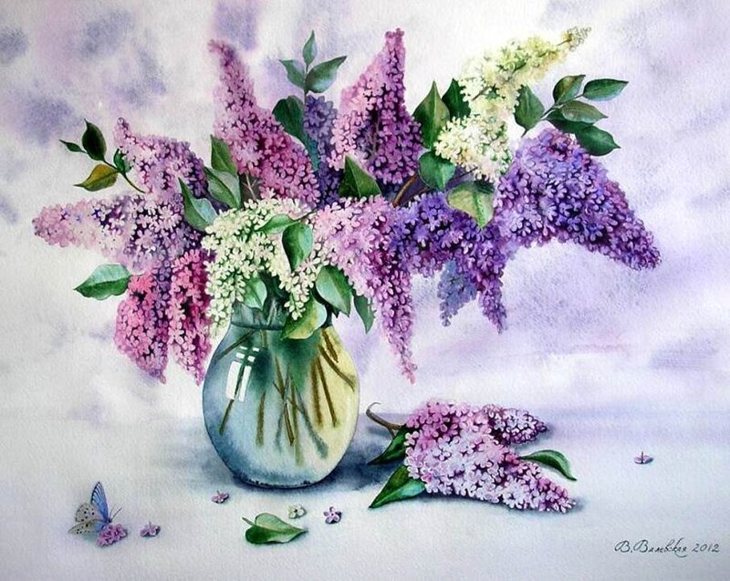 Lilac Bouquet in Vase — Purple, Serene, Spring, Painting