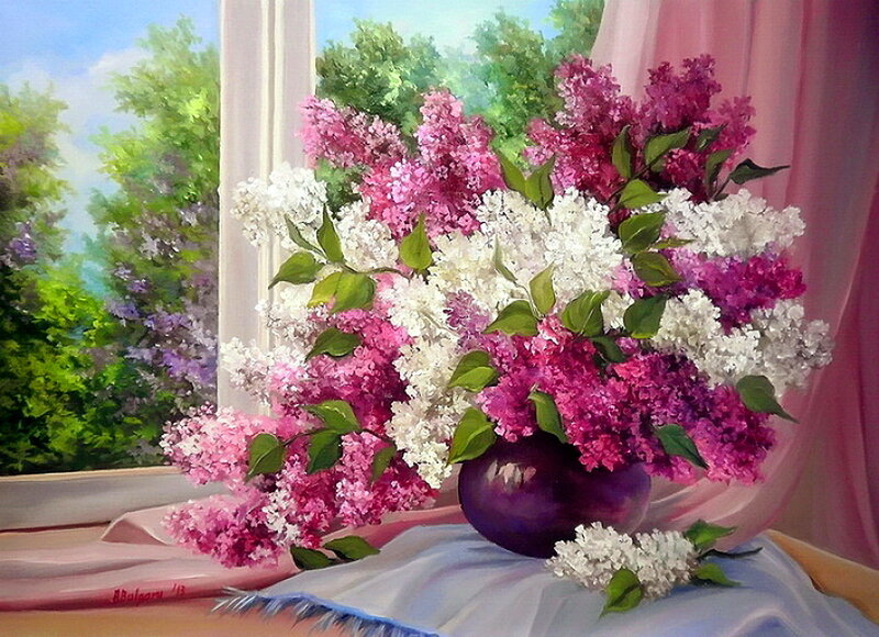 Lilac Bouquet in Vase — Purple, Serene, Spring, Painting, Window