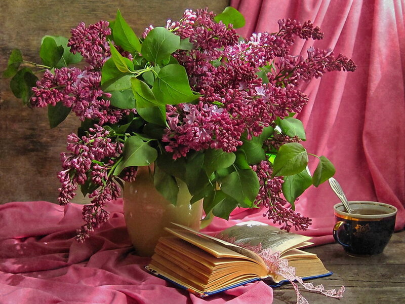 Lilac Bouquet in Vase — Purple, Serene, Spring, Photograph, Book, Cup