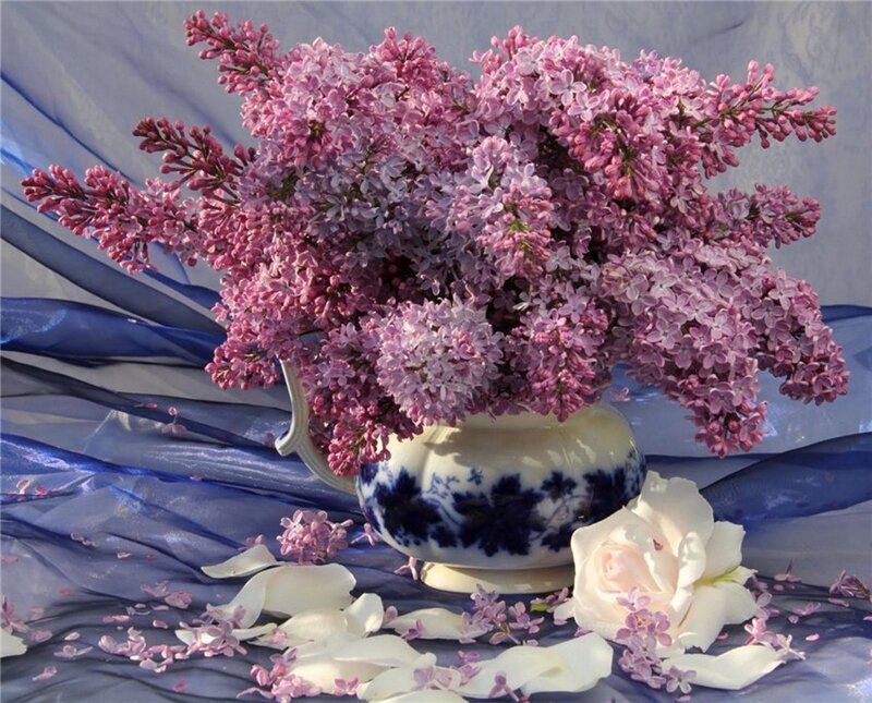 Lilac Bouquet in Vase — Purple, Serene, Spring, Photograph, Rose