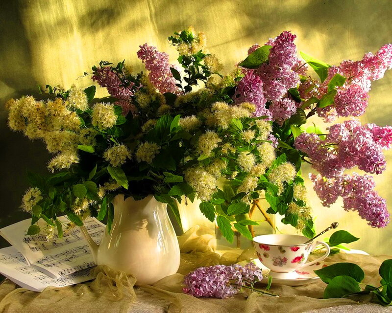 Lilac Bouquet in Vase — Purple, Serene, Spring, Photograph, Tea Cup