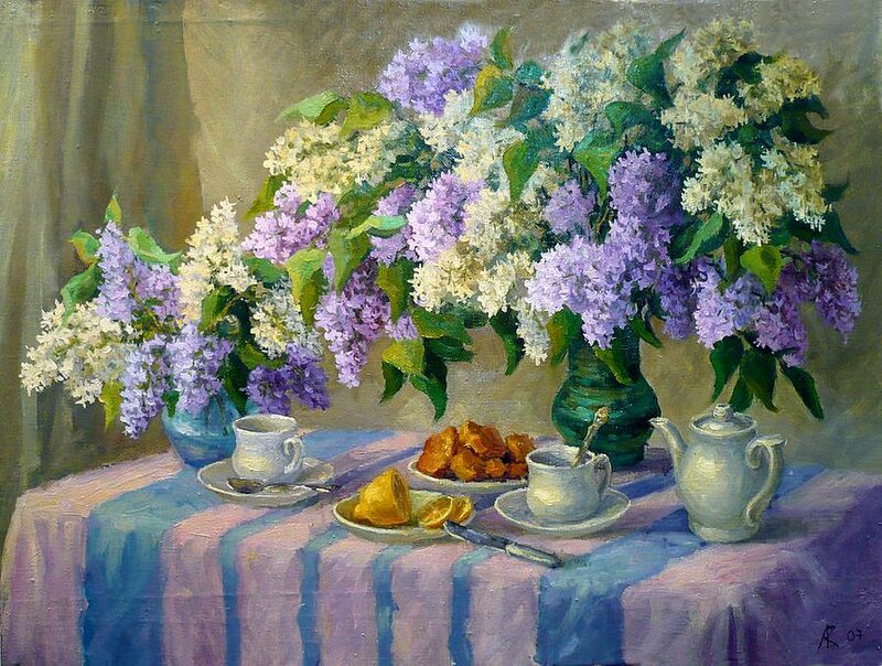 Lilac Bouquet on Table — Purple, Calm