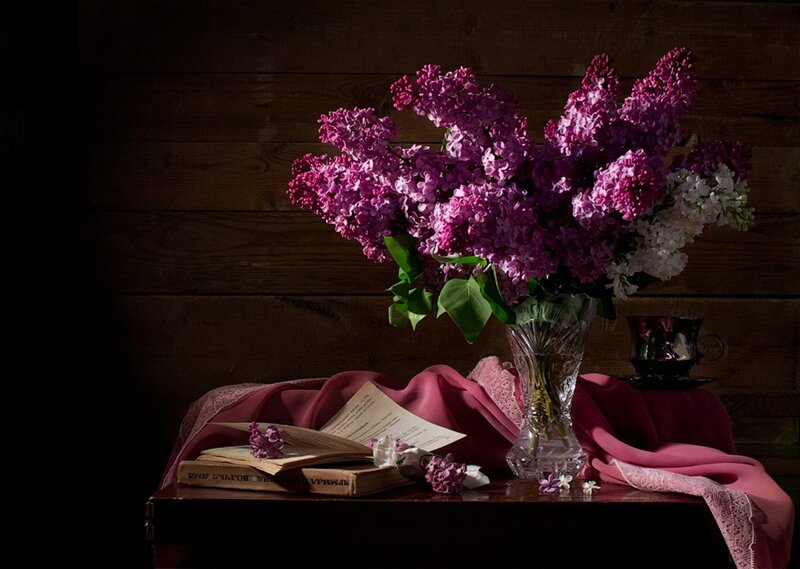 Lilac Bouquet on Table — Purple, Dramatic, Photograph