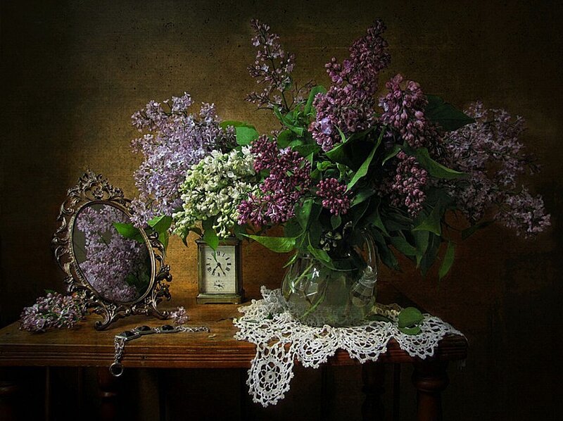 Lilac Bouquet on Table — Purple, Dramatic