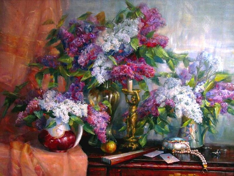 Lilac Bouquet on Table — Purple, Serene, Painting