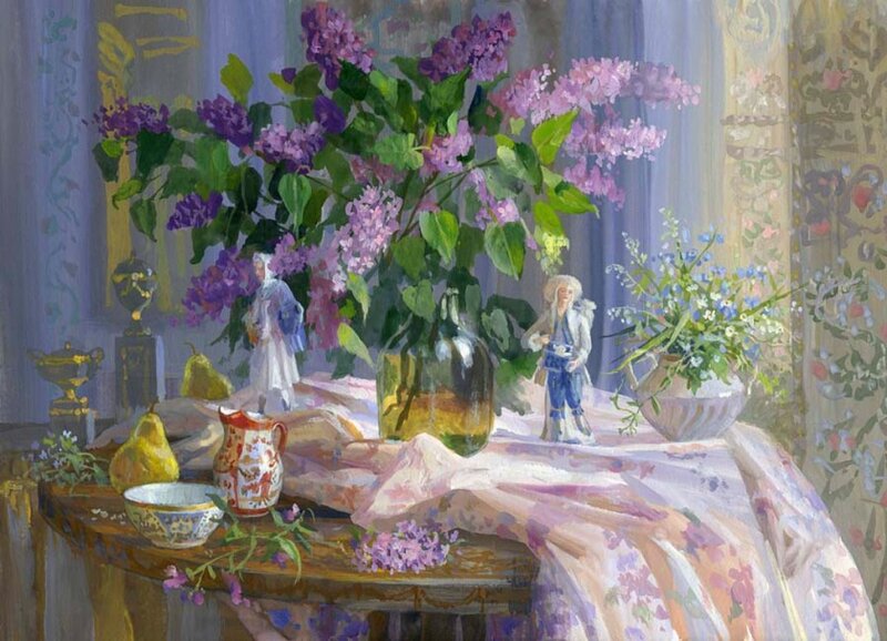 Lilac Bouquet on Table — Purple, Serene, Spring, Painting
