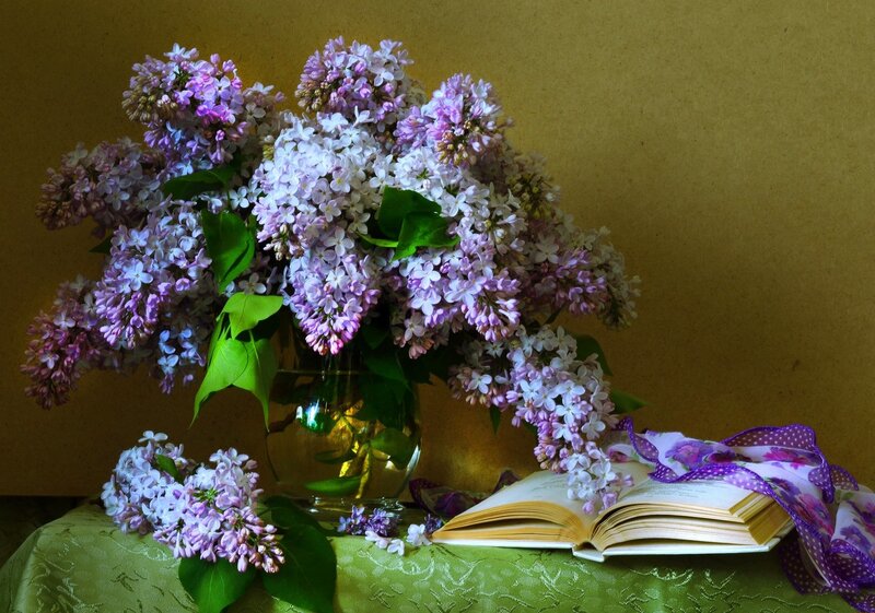 Lilac Bouquet on Table — Purple, Serene, Spring, Photograph, Book, Vase