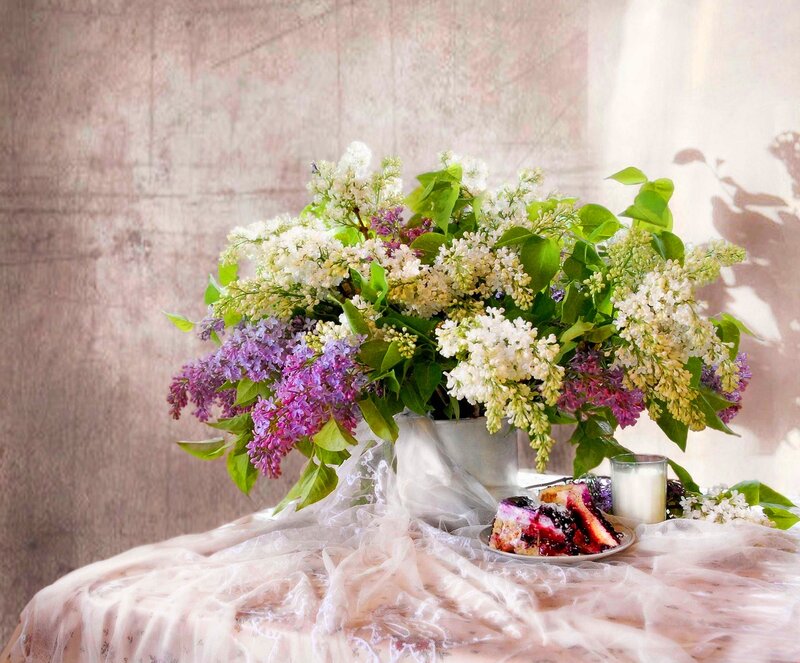 Lilac Bouquet on Table — Purple, Serene, Spring, Photograph, Cake