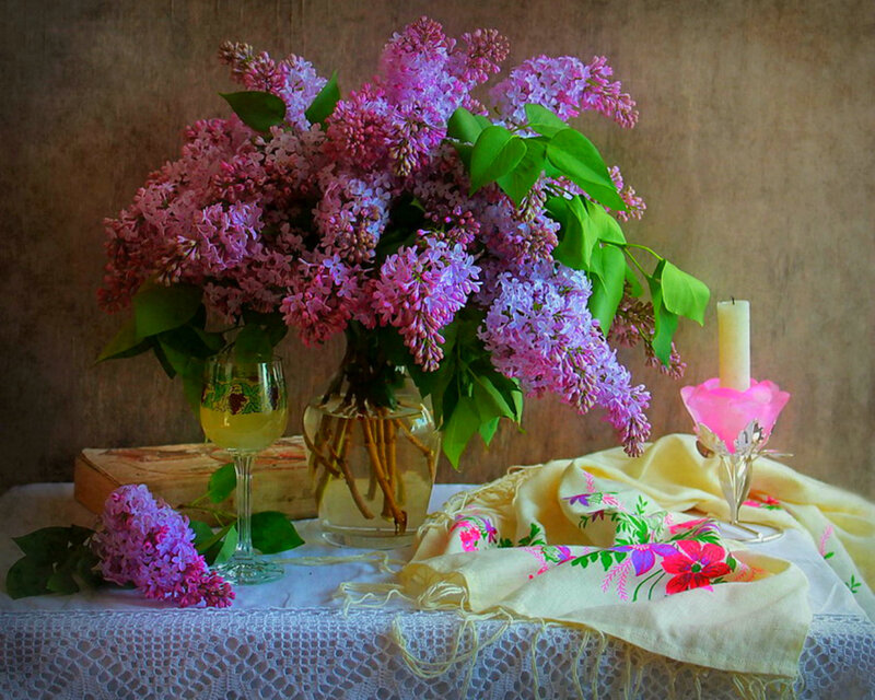 Lilac Bouquet on Table — Purple, Serene, Spring, Photograph, Candle, Glass