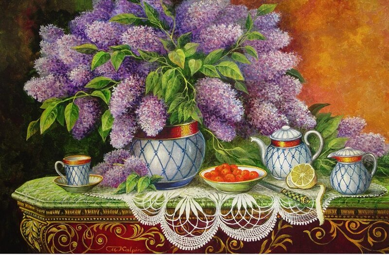 Lilac Bouquet on Table — Purple