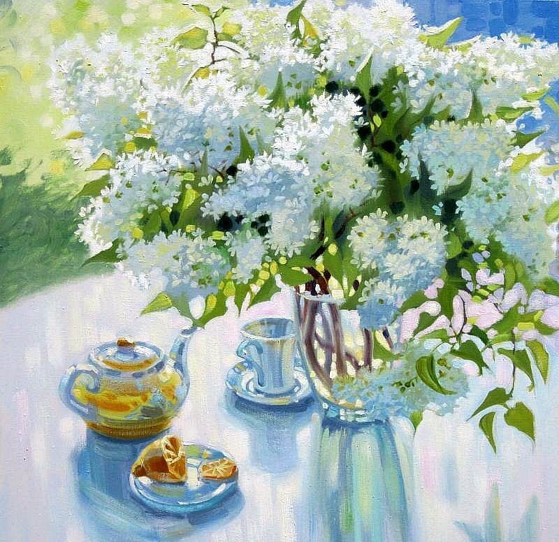 Lilac Bouquet on Table — White, Serene
