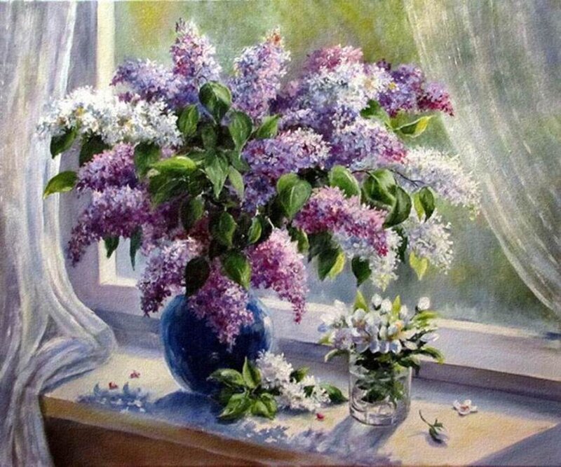 Lilac Bouquet on Windowsill — Purple, Serene, Spring