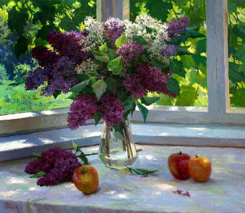 Lilac Bouquet on Windowsill — Purple, Serene
